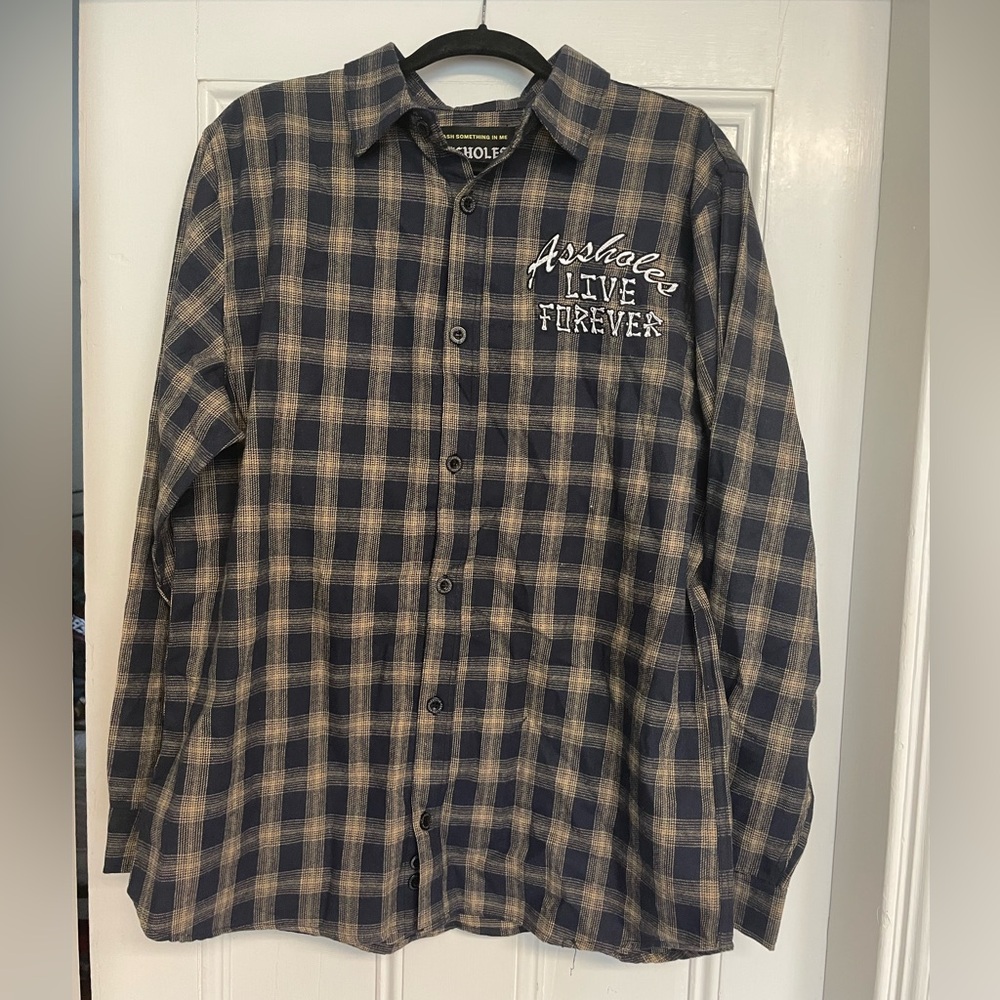 Navy and tan Assholes Live Forever flannel